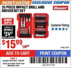 Harbor Freight Coupon BAUER IMPACT DRILL AND DRIVER BIT SET, 35-PIECE Lot No. 63910 Expired: 1/28/20 - $15.99