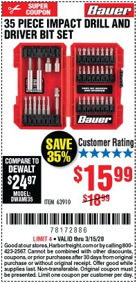 Harbor Freight Coupon BAUER IMPACT DRILL AND DRIVER BIT SET, 35-PIECE Lot No. 63910 Expired: 3/15/20 - $15.99