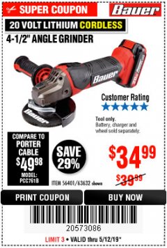 Harbor Freight Coupon 20 VOLT LITHIUM CORDLESS 4-1/2" ANGLE GRINDER Lot No. 63632 Expired: 5/12/19 - $34.99