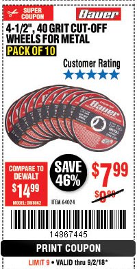 Harbor Freight Coupon 4-1/2", 40 GRIT METAL CUT-OFF WHEELS PACK OF 10 Lot No. 64024 Expired: 9/2/18 - $7.99