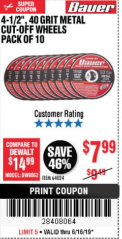 Harbor Freight Coupon 4-1/2", 40 GRIT METAL CUT-OFF WHEELS PACK OF 10 Lot No. 64024 Expired: 6/16/19 - $7.99