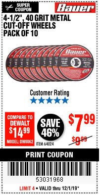 Harbor Freight Coupon 4-1/2", 40 GRIT METAL CUT-OFF WHEELS PACK OF 10 Lot No. 64024 Expired: 12/1/19 - $7.99
