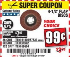 Harbor Freight Coupon 4-1/2 IN. 36 GRIT FLAP DISC Lot No. 61500 Expired: 9/11/18 - $0.99