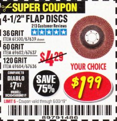 Harbor Freight Coupon 4-1/2 IN. 36 GRIT FLAP DISC Lot No. 61500 Expired: 6/30/19 - $1.99