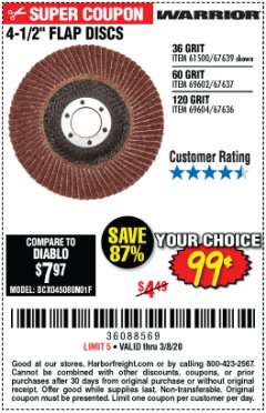 Harbor Freight Coupon 4-1/2 IN. 36 GRIT FLAP DISC Lot No. 61500 Expired: 2/8/20 - $0.99