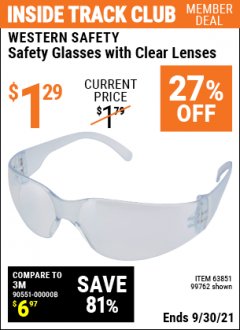 Harbor Freight ITC Coupon CLEAR LENS SAFETY GLASSES Lot No. 63851/99762 Expired: 9/30/21 - $1.29