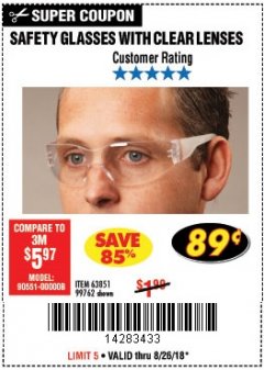 Harbor Freight Coupon CLEAR LENS SAFETY GLASSES Lot No. 63851/99762 Expired: 8/26/18 - $0.89