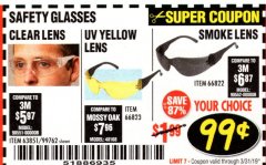 Harbor Freight Coupon CLEAR LENS SAFETY GLASSES Lot No. 63851/99762 Expired: 3/31/19 - $0.99