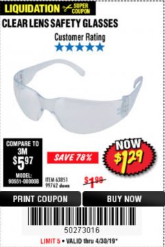 Harbor Freight Coupon CLEAR LENS SAFETY GLASSES Lot No. 63851/99762 Expired: 4/30/19 - $1.29