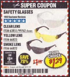Harbor Freight Coupon CLEAR LENS SAFETY GLASSES Lot No. 63851/99762 Expired: 10/31/19 - $1.29