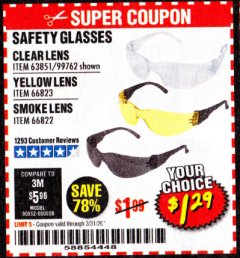 Harbor Freight Coupon CLEAR LENS SAFETY GLASSES Lot No. 63851/99762 Expired: 3/31/20 - $1.29