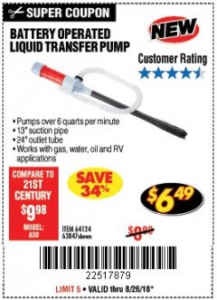 Harbor Freight Coupon BATTERY OPERATED LIQUID TRANSFER PUMP Lot No. 64124/63847 Expired: 8/26/18 - $6.49