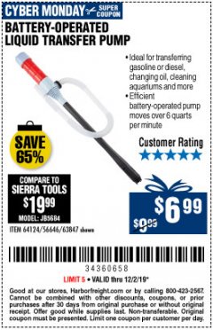 Harbor Freight Coupon BATTERY OPERATED LIQUID TRANSFER PUMP Lot No. 64124/63847 Expired: 12/2/19 - $6.99