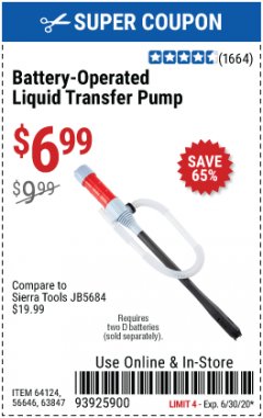 Harbor Freight Coupon BATTERY OPERATED LIQUID TRANSFER PUMP Lot No. 64124/63847 Expired: 6/30/20 - $6.99