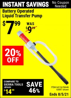 Harbor Freight Coupon BATTERY OPERATED LIQUID TRANSFER PUMP Lot No. 64124/63847 Expired: 8/5/21 - $7.99