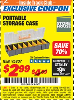 Harbor Freight ITC Coupon 9 BIN PORTABLE STORAGE CASE Lot No. 95807 Expired: 3/31/19 - $2.99