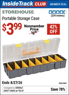 Harbor Freight ITC Coupon STOREHOUSE PORTABLE STORAGE CASE Lot No. 95807 Valid Thru: 8/27/26 - $3.99