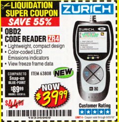 Harbor Freight Coupon ZURICH OBD2 CODE READER ZR4 Lot No. 63808 Expired: 6/30/18 - $39.99