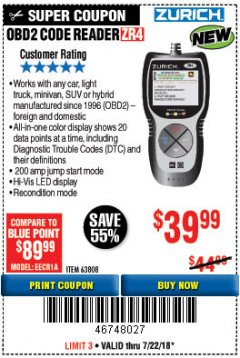 Harbor Freight Coupon ZURICH OBD2 CODE READER ZR4 Lot No. 63808 Expired: 7/22/18 - $39.99