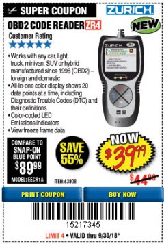 Harbor Freight Coupon ZURICH OBD2 CODE READER ZR4 Lot No. 63808 Expired: 9/30/18 - $39.99