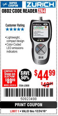 Harbor Freight Coupon ZURICH OBD2 CODE READER ZR4 Lot No. 63808 Expired: 12/24/18 - $44.99