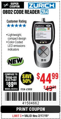 Harbor Freight Coupon ZURICH OBD2 CODE READER ZR4 Lot No. 63808 Expired: 2/17/19 - $44.99