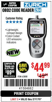Harbor Freight Coupon ZURICH OBD2 CODE READER ZR4 Lot No. 63808 Expired: 2/17/19 - $44.99