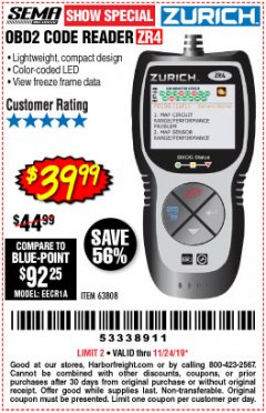 Harbor Freight Coupon ZURICH OBD2 CODE READER ZR4 Lot No. 63808 Expired: 11/24/19 - $39.99