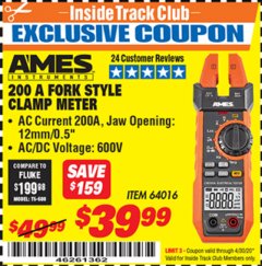 Harbor Freight ITC Coupon AMES FORK METER CM200A Lot No. 64016 Expired: 4/30/20 - $39.99