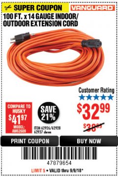 Harbor Freight Coupon 100 FT. X 14 GAUGE INDOOR/OUTDOOR EXTENSION CORD Lot No. 41448/62926/62928/62937 Expired: 9/9/18 - $32.99