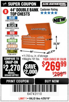 Harbor Freight Coupon 44" DOUBLE BANK TOP CHESTS Lot No. 64438/64439/64440/64280/64293/64158/64435/64436/64437/64957/64958/64959 Expired: 4/28/19 - $269.99