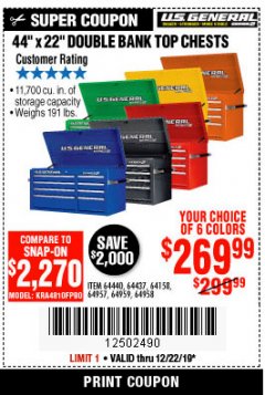 Harbor Freight Coupon 44" DOUBLE BANK TOP CHESTS Lot No. 64438/64439/64440/64280/64293/64158/64435/64436/64437/64957/64958/64959 Expired: 12/22/19 - $269.99
