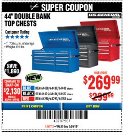 Harbor Freight Coupon 44" DOUBLE BANK TOP CHESTS Lot No. 64438/64439/64440/64280/64293/64158/64435/64436/64437/64957/64958/64959 Expired: 7/29/18 - $269.99