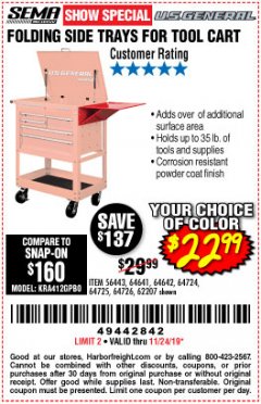Harbor Freight Coupon MECHANIC'S CART FOLDING SIDE TRAYS Lot No. 64641/64642/62207/64725/64726/64724 Expired: 11/24/19 - $22.99