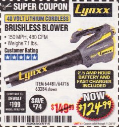 Harbor Freight Coupon LYNXX 40 VOLT LITHIUM CORDLESS BRUSHLESS BLOWER Lot No. 64481/63284/64716 Expired: 11/30/18 - $124.99