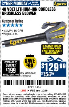 Harbor Freight Coupon LYNXX 40 VOLT LITHIUM CORDLESS BRUSHLESS BLOWER Lot No. 64481/63284/64716 Expired: 12/1/19 - $129.99