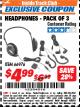 Harbor Freight ITC Coupon HEADPHONES - PACK OF 3 Lot No. 66976 Expired: 4/30/18 - $4.99