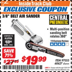 Harbor Freight ITC Coupon 3/8" BELT AIR SANDER Lot No. 97055/60627 Expired: 12/31/19 - $19.99