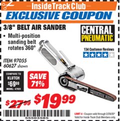Harbor Freight ITC Coupon 3/8" BELT AIR SANDER Lot No. 97055/60627 Expired: 2/29/20 - $19.99