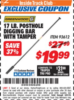 Harbor Freight ITC Coupon 17 LB. POSTHOLE DIGGING BAR WITH TAMPER Lot No. 61322/93612 Expired: 3/31/19 - $19.99