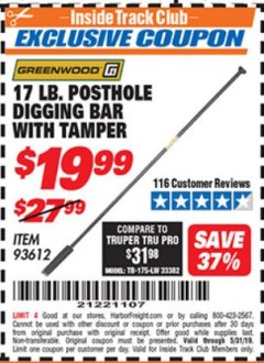 Harbor Freight ITC Coupon 17 LB. POSTHOLE DIGGING BAR WITH TAMPER Lot No. 61322/93612 Expired: 5/31/19 - $19.99