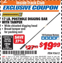 Harbor Freight ITC Coupon 17 LB. POSTHOLE DIGGING BAR WITH TAMPER Lot No. 61322/93612 Expired: 8/31/19 - $19.99