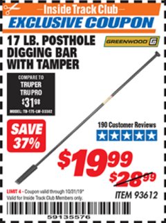 Harbor Freight ITC Coupon 17 LB. POSTHOLE DIGGING BAR WITH TAMPER Lot No. 61322/93612 Expired: 10/31/19 - $19.99