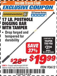 Harbor Freight ITC Coupon 17 LB. POSTHOLE DIGGING BAR WITH TAMPER Lot No. 61322/93612 Expired: 3/31/20 - $19.99