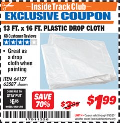 Harbor Freight ITC Coupon 13 FT. X 16 FT. DROP CLOTH  Lot No. 63587, 37070, 60348, 64127 Expired: 6/30/20 - $1.99