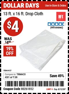 Harbor Freight Coupon HFT 13 FT. X 16 FT. DROP CLOTH Lot No. 64127/63587 Valid Thru: 8/12/26 - $4