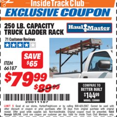 Harbor Freight ITC Coupon 250 LB. CAPACITY TRUCK LADDER RACK Lot No. 66187 Expired: 3/31/19 - $79.99