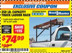 Harbor Freight ITC Coupon 250 LB. CAPACITY TRUCK LADDER RACK Lot No. 66187 Expired: 9/30/19 - $74.99
