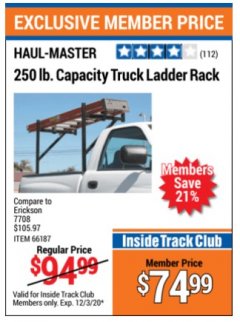 Harbor Freight ITC Coupon 250 LB. CAPACITY TRUCK LADDER RACK Lot No. 66187 Expired: 12/3/20 - $74.99