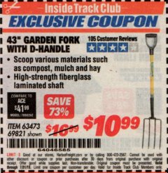 Harbor Freight ITC Coupon 43" GARDEN FORK WITH D-HANDLE Lot No. 63473/69821 Expired: 7/31/19 - $10.99